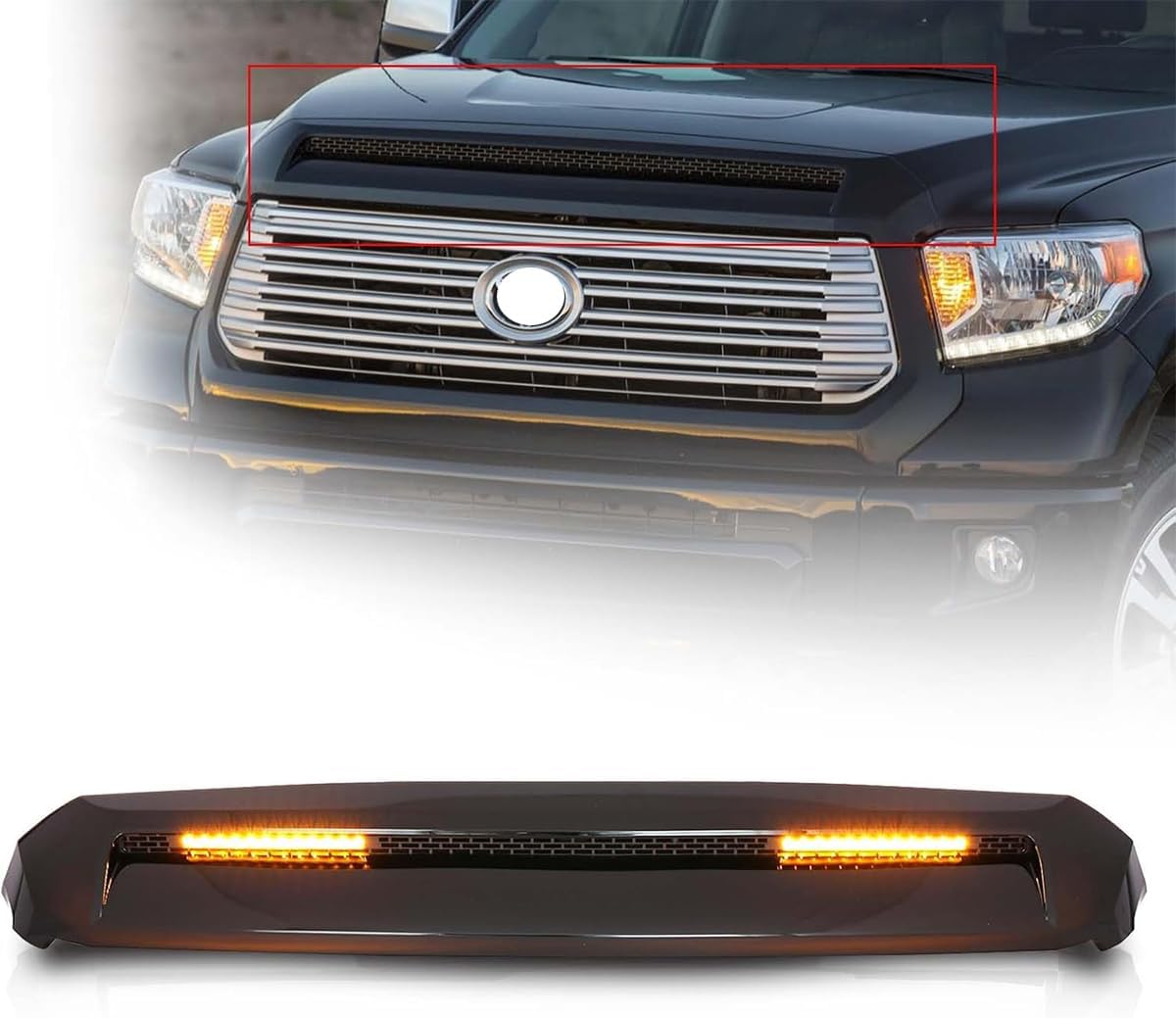 KARPAL Front Upper Hood Scoop Molding Bulge Compatible with 2014-2021 Toyota Tundra 76180-0C030 Gloss Black with Light Bar