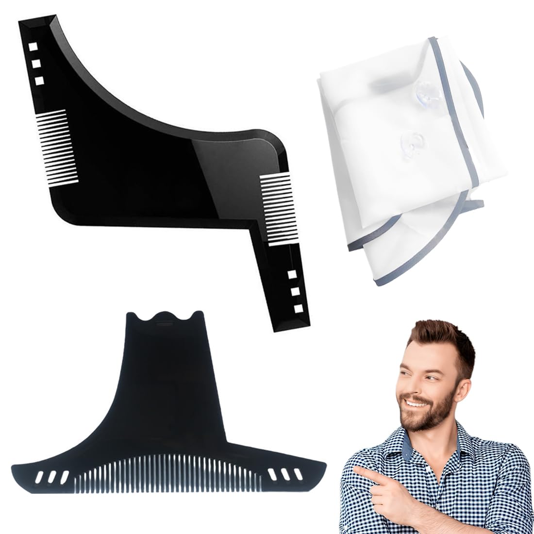 Set di Accessori per Barba:2 Pezzi Stencil Pettine per Barba Uomo+Con 1 Pezzo di Stoffa Bianca,Spazzola da Barba,Regalo da Uomo per il Parrucchiere(Nero)