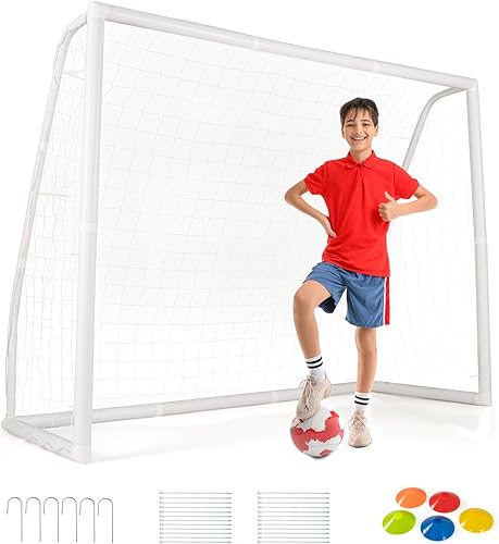 GYMAX Portería de fútbol, porterías de fútbol para patio trasero con red para todo tipo de clima, estaca de tierra y bridas de cremallera, marco de