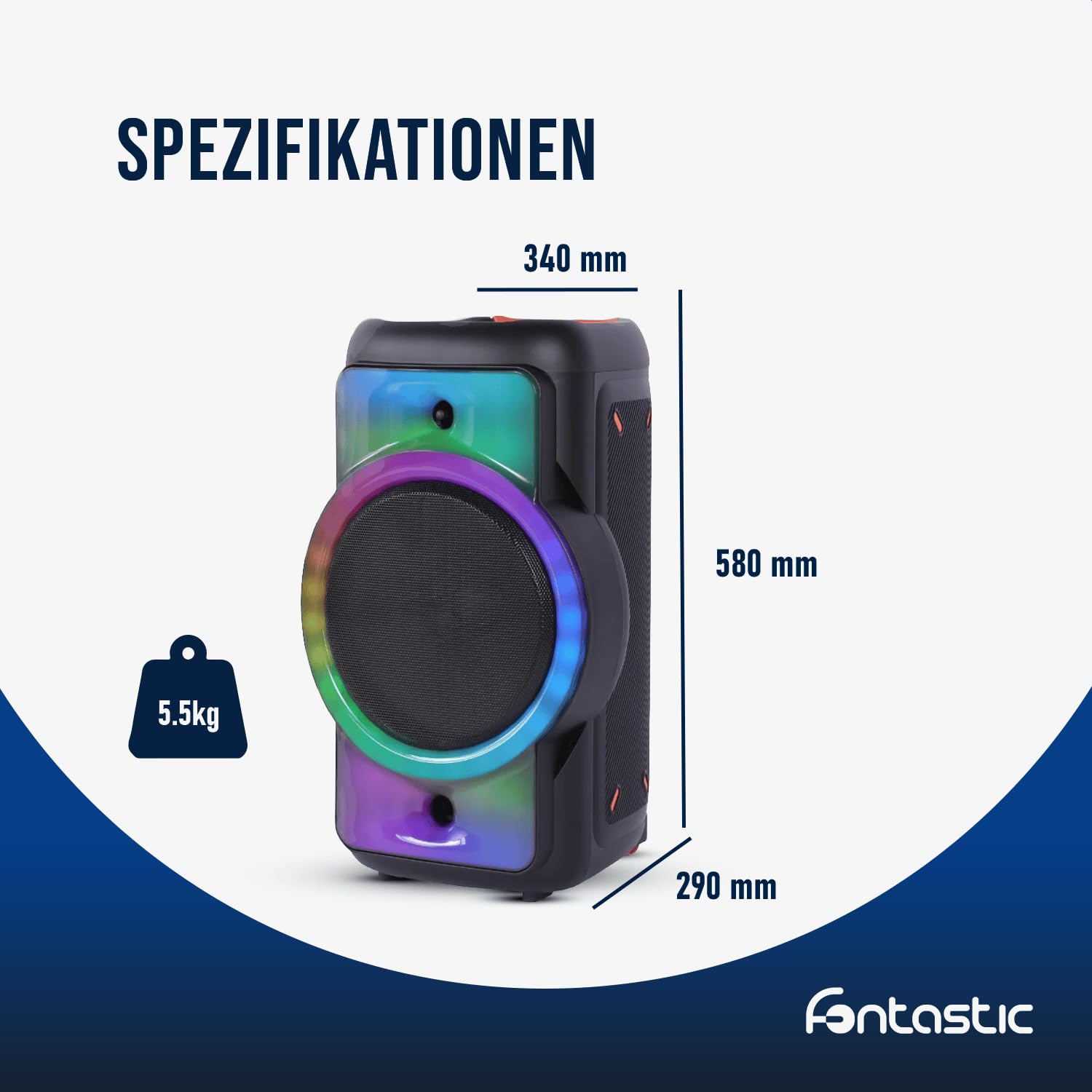 Fontastic Party Lautsprecher Rokka - tragbarer Trolley-Bluetooth Lautsprecher mit USB-Wiedergabe, AUX, MicroSD, LED-RGB Lichteffekten & Aufnahmefunktion - Karaoke Box mit Mikrofon - Schwarz