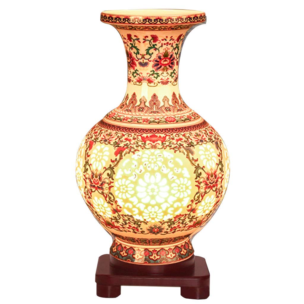 GHW Hollow Vase Table Lamp, Warm Ceramic Creative Bedroom Bedside Lamp, Living Room Study Led Decorative Chinese Table Lamp (Color : Red)