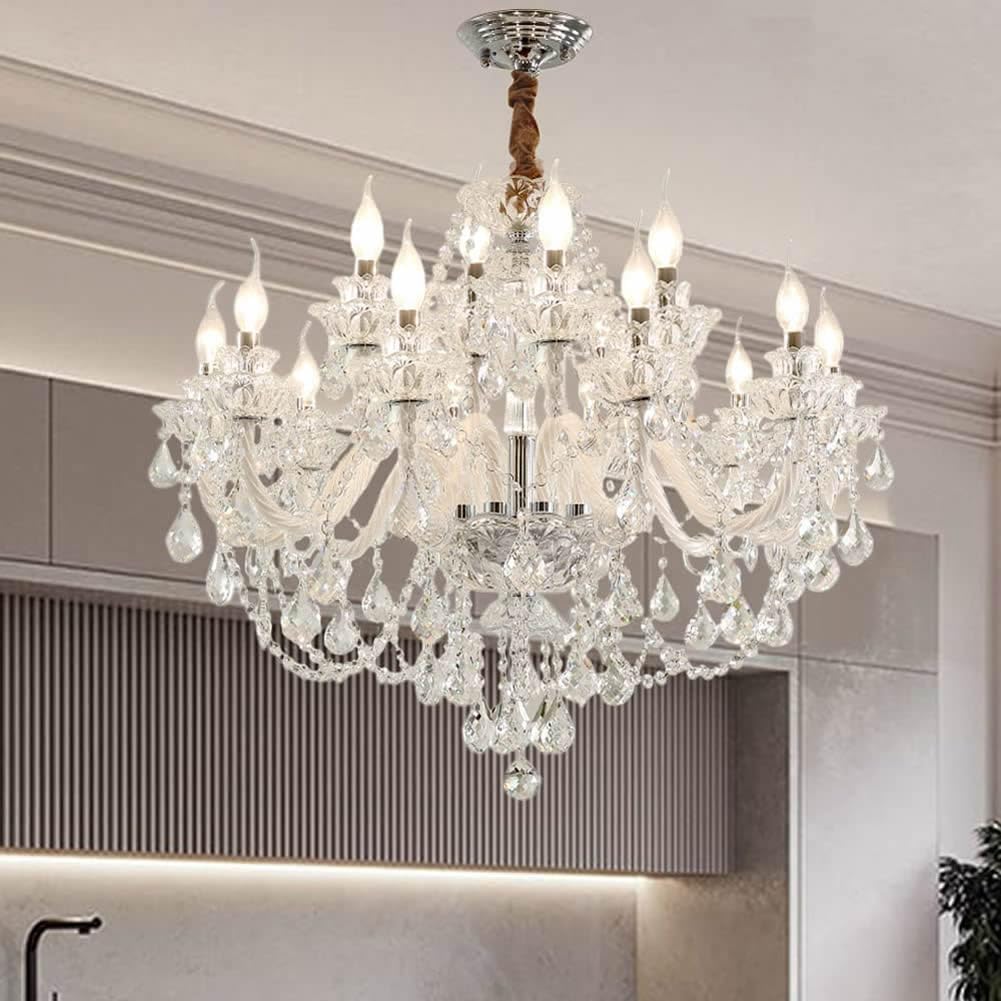 Clear Crystal Chandelier Lighting, Double Layer 8+4 Lights, K9 Clear Crystal Ceiling Lights, Modern Crystal Light for Living Room (12 Lights)