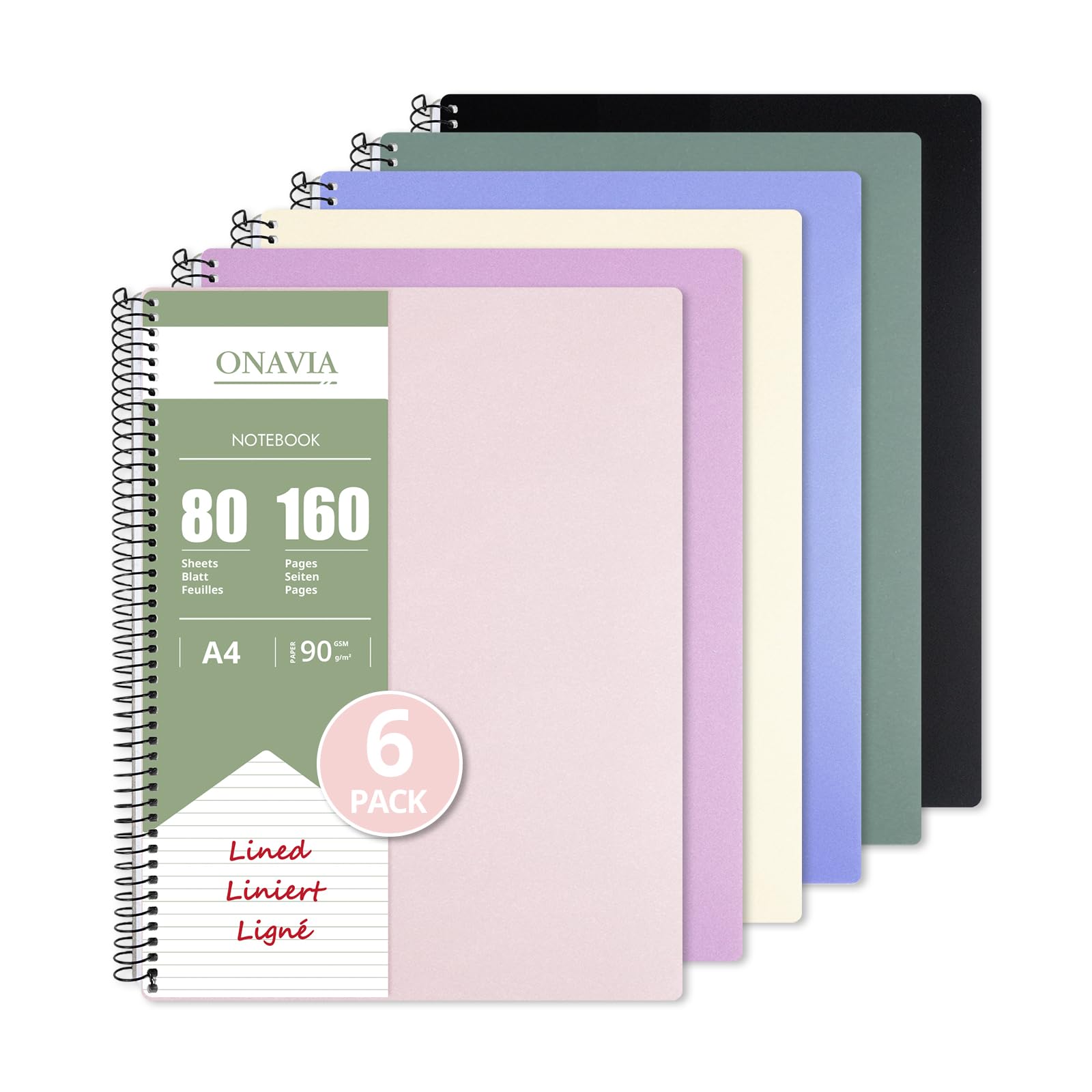 ONAVIA A4 Notebook 6 Pack, 80 Sheets, 90GSM Lined Spiral Notepad, Pastel — image 1