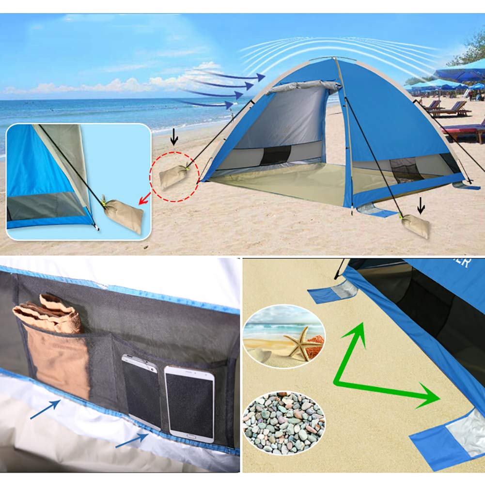 Anti UV Tente De Plage Instantanée,Automatique Tente De Plage Abri Solaire avec Portes à Rouleaux Arrière Avant,Coupe-Vent Tente De Plage 3-4 Personne