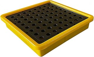 Contenedor de tambor industrial, bandeja anidable a prueba de fugas para almacenamiento de garaje, plataforma de polietileno antideslizante desmontable con drenaje, color amarillo, 13.4 x 13.4