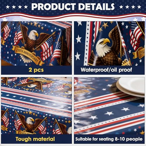 Image of OHOME 250th Anniversary American Flag Tablecloth for 4th of July Decorations | 250 Anniversary USA Merchandise | Patriotic 1776-2026 Fourth of July Accessories for Home Outdoor Outside,2 Pack
