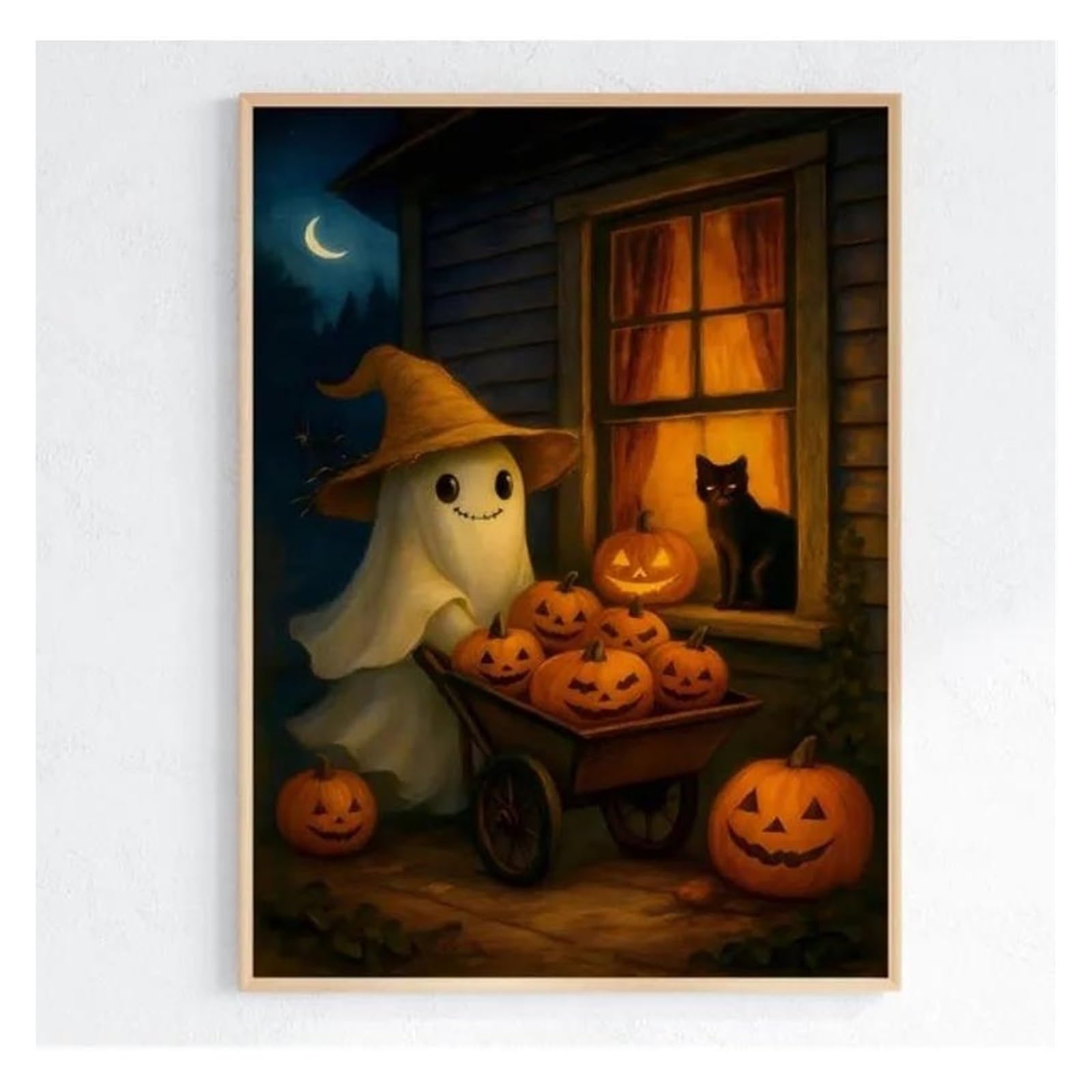 BYAMBD Aesthetic Pictures Frameless Cute Ghost Black Cat Poster Prints Pumpkin Canvas Painting Room Party Decor(30x40cm)