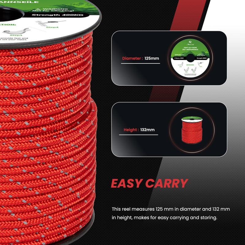 Abma Cord Tent Guy Ropes 5mm 50M Guy Line 10 Pcs Guy Rope Tensioners Heavy Duty Guide Rope for Camping Gazebos, Awning, Tarp - Image 4