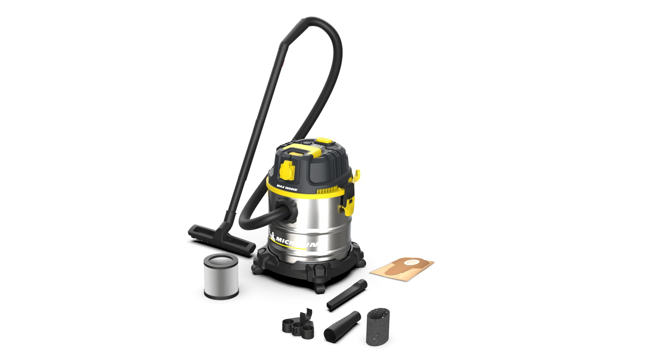 MICHELIN, Aspiratore Solidi e Liquidi, HP20 PRO, Serbatoio in Acciaio da 20 L, con Presa Elettroutensili, 1200 W, Completo di Accessori, Funzione di Soffiaggio, 20 kPa