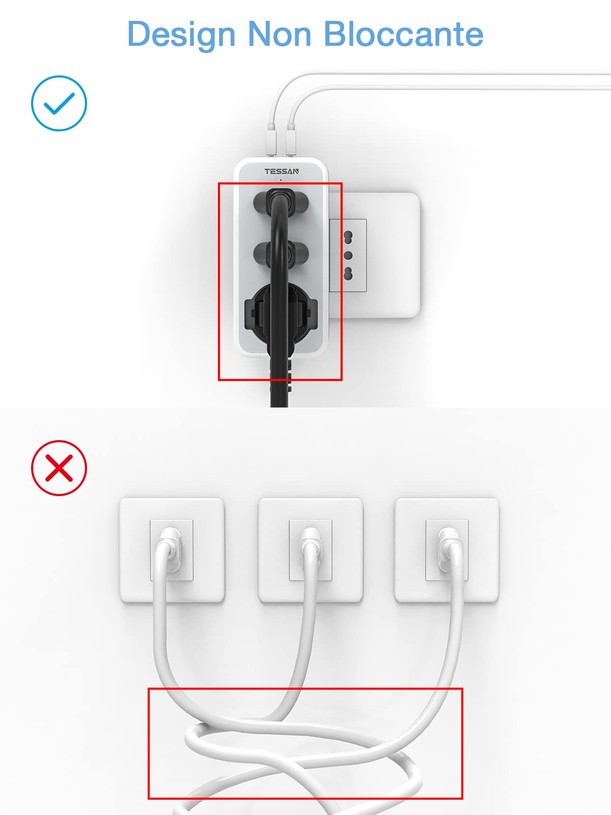 TESSAN Presa Elettriche, Multipla Salvaspazio con 1 Polivalenti e 2 Bivalenti 10/16A, Tripla Schuko con 2 Porte USB, Multipresa Elettrica 3680W, Presa USB da Muro per Telefono e Elettrodomestici
