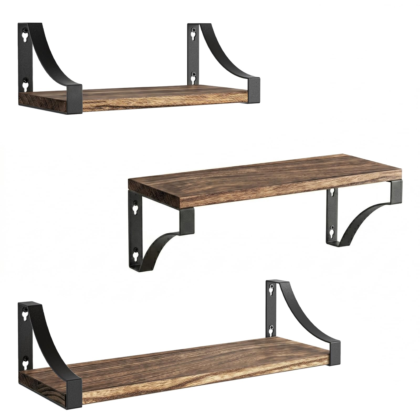 AMADA Floating Shelves Wall Mounted Set of 3, Rustic Wood Wall Shelves for Bedroom/Bathroom/Living Room/Kitchen/Laundry Room, Shelves for Wall Storage & Decoration, Rustic Brown