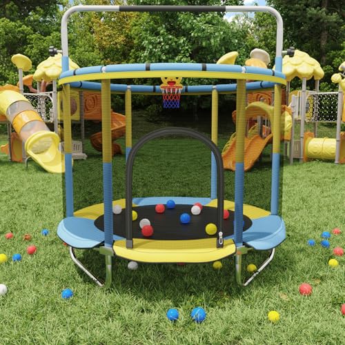 60" Toddler Trampoline for Age 2-4, 10ft Mini Kids Trampoline Indoor with Basketball Ball Adjustable Gymnastics Bar & Toys Swing Enclosure Net for Backyard ASTM Approved - image 6