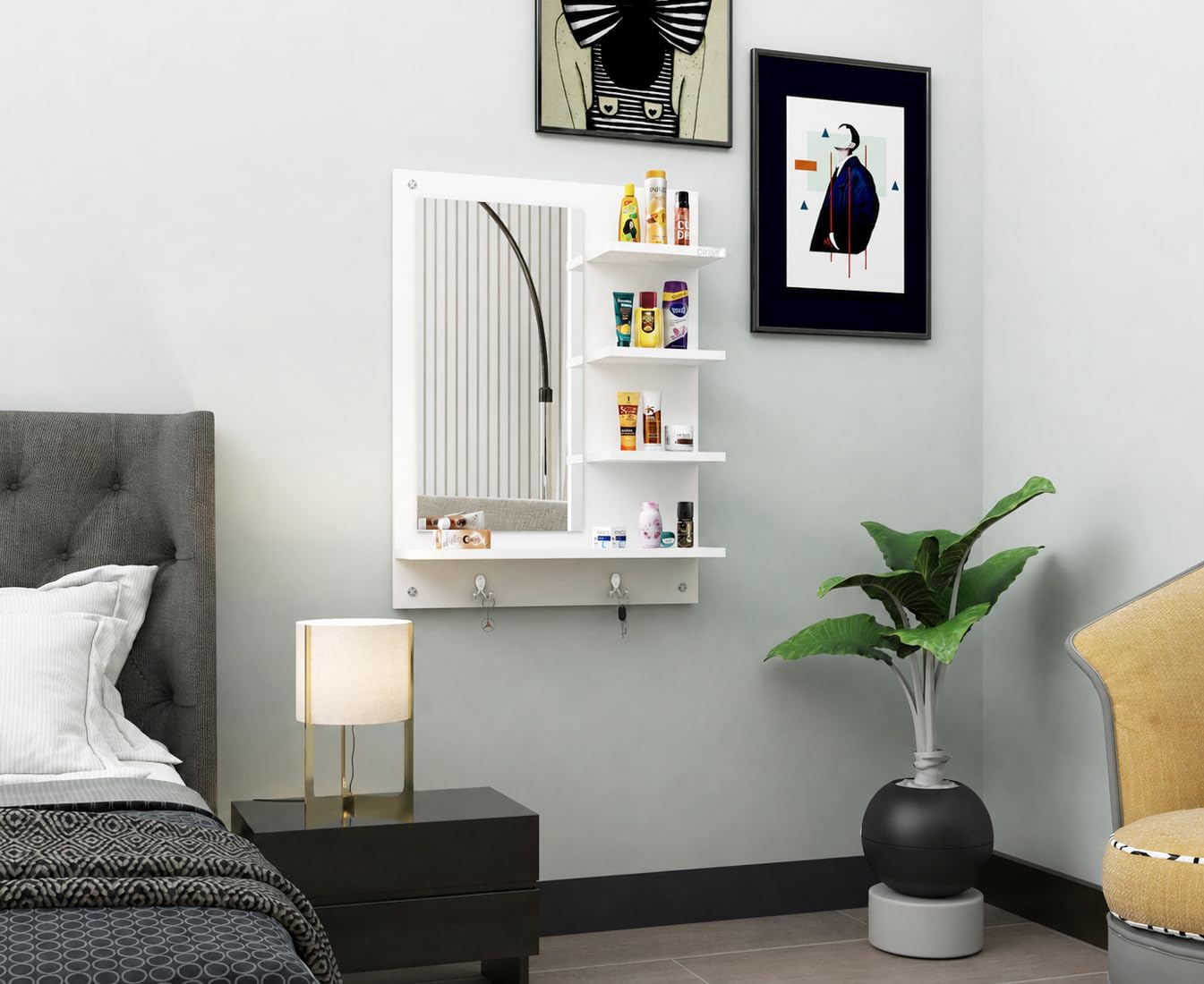 Cirise Wall Mirror with Shelves and Key Hooks 60x80 cm White Finish | 4 Storage Shelve Included Entryway MDF Construction Space-Saving Design Side Bottom Makeup Organiser Traditional Living Room-picture-17