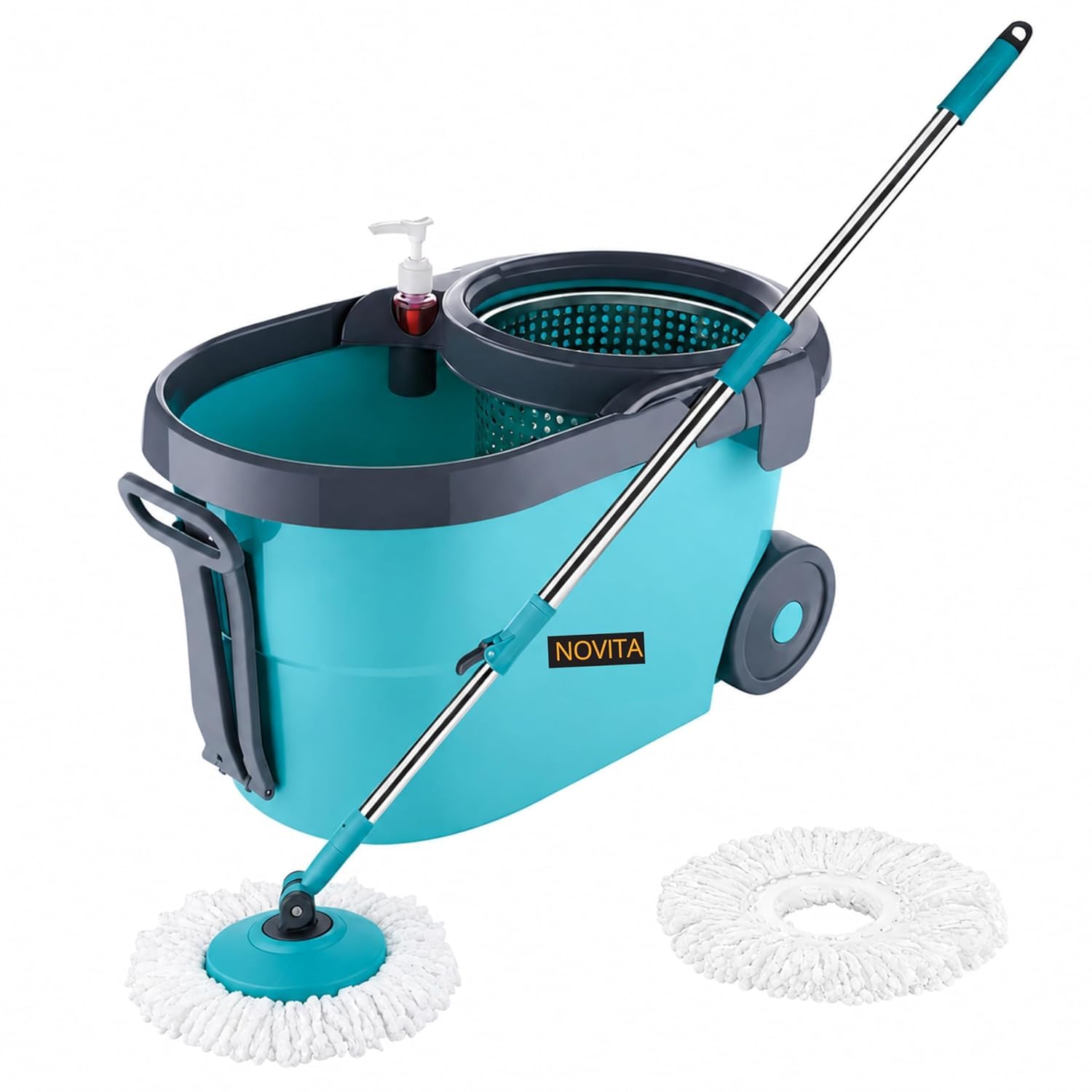novita 360° spin mop bucket set with big wheels | steel jali i easy rinse | telescopic microfiber mop |1+1 extra refill | hygienic cleaning | pocha for floor cleaning