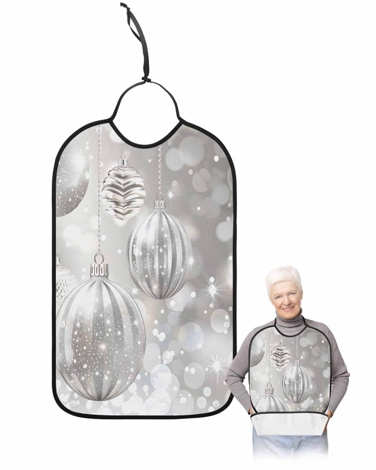 Onekaccu Christmas Adult Bibs for Elderly Women Men Washable Bibs for Eating, Silver Grey Christmas Balls Gradual Waterproof Clothing Protectors Adult Bibs with Crumb Catcher