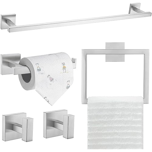 TQKAG 5-Piece Bathroom Hardware Set Brushed Nickel Classic Wall Mounted SUS304 Stainless Steel bathroom accessories set 23.6" Towel Rack for Bathroom, Brushed Nickel