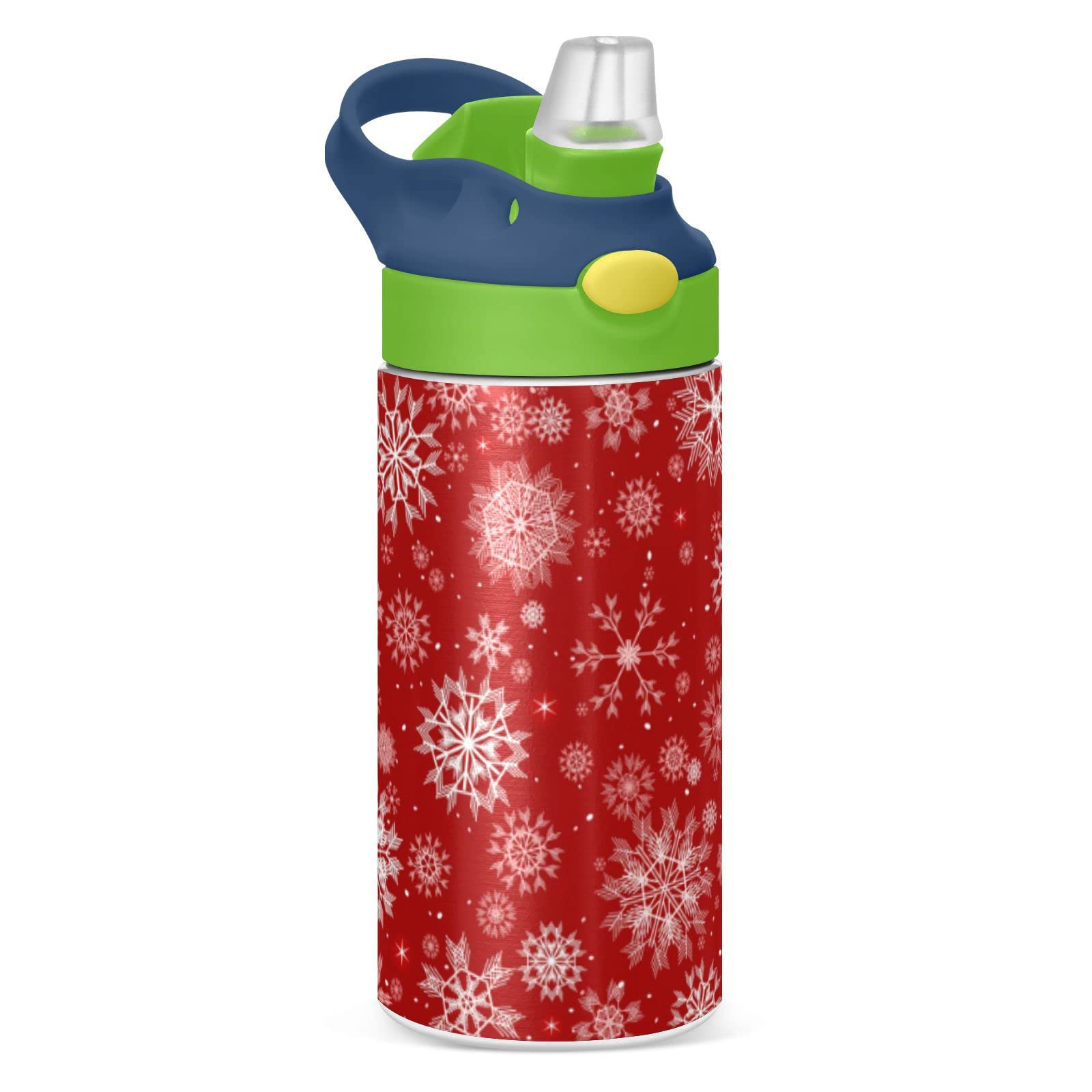 Seamless Christmas and New Year Festive White Snowflakes on Red Tumbler with Lid & Straw, Boys Girls Stainless Steel Double Wall Cup Water Bottle BPA-Free Vacuum Insulated Thermal Mug 11.8 Oz