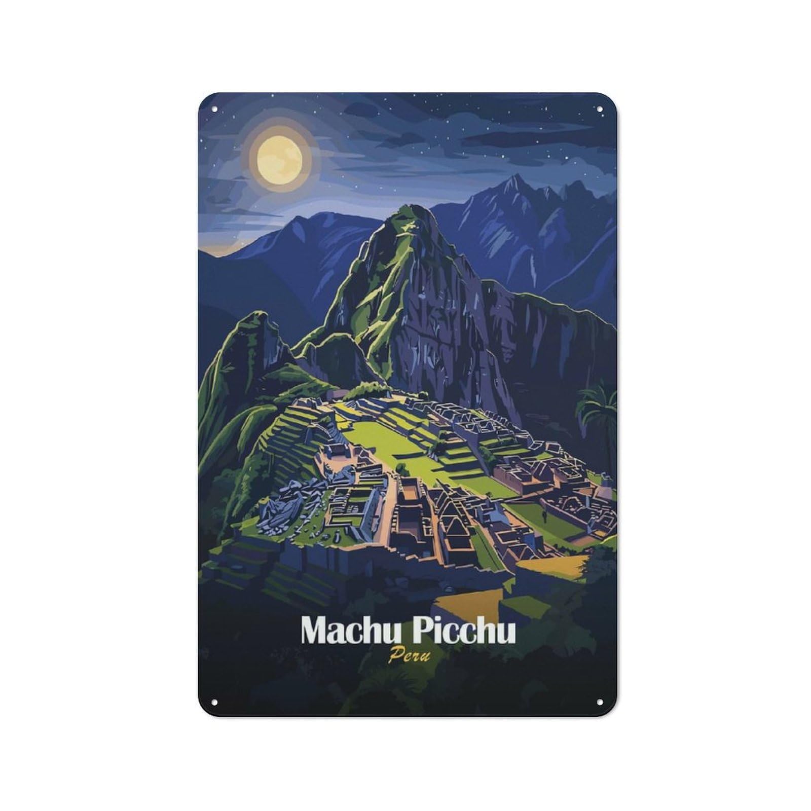 Junmoney Style-15 Metal Wall Sign 30X20cm Featuring Machu Picchu Night View For Living Room Wall, For Metal Sign Collectors, For Garage And Workshop Walls