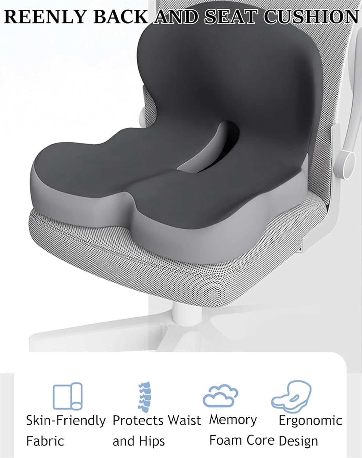 R-eenly - Cuscino per schienale e sedile, cuscino lenitivo per sedile auto, supporto lombare, antiscivolo, schienale ergonomico in memory foam e cuscini lombari, per auto e ufficio (blu)