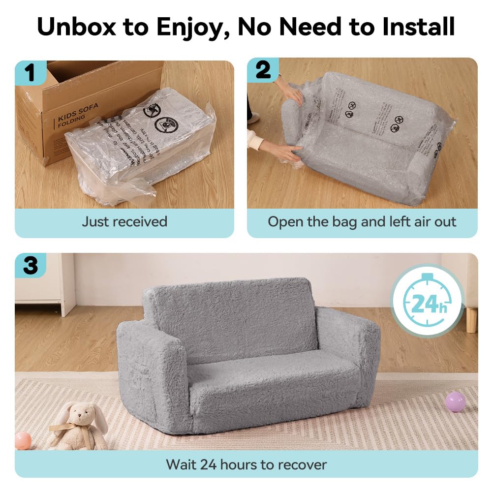 Generisch 2 in 1 Kindersofa Ausklappbar, Extra Breite Kindersessel ab 1 Jahr für Kinderzimmer, Kindercouch mit Abnehmbarem Cover, Weich Kinder Sofa für Mädchen und Jungen, Grau