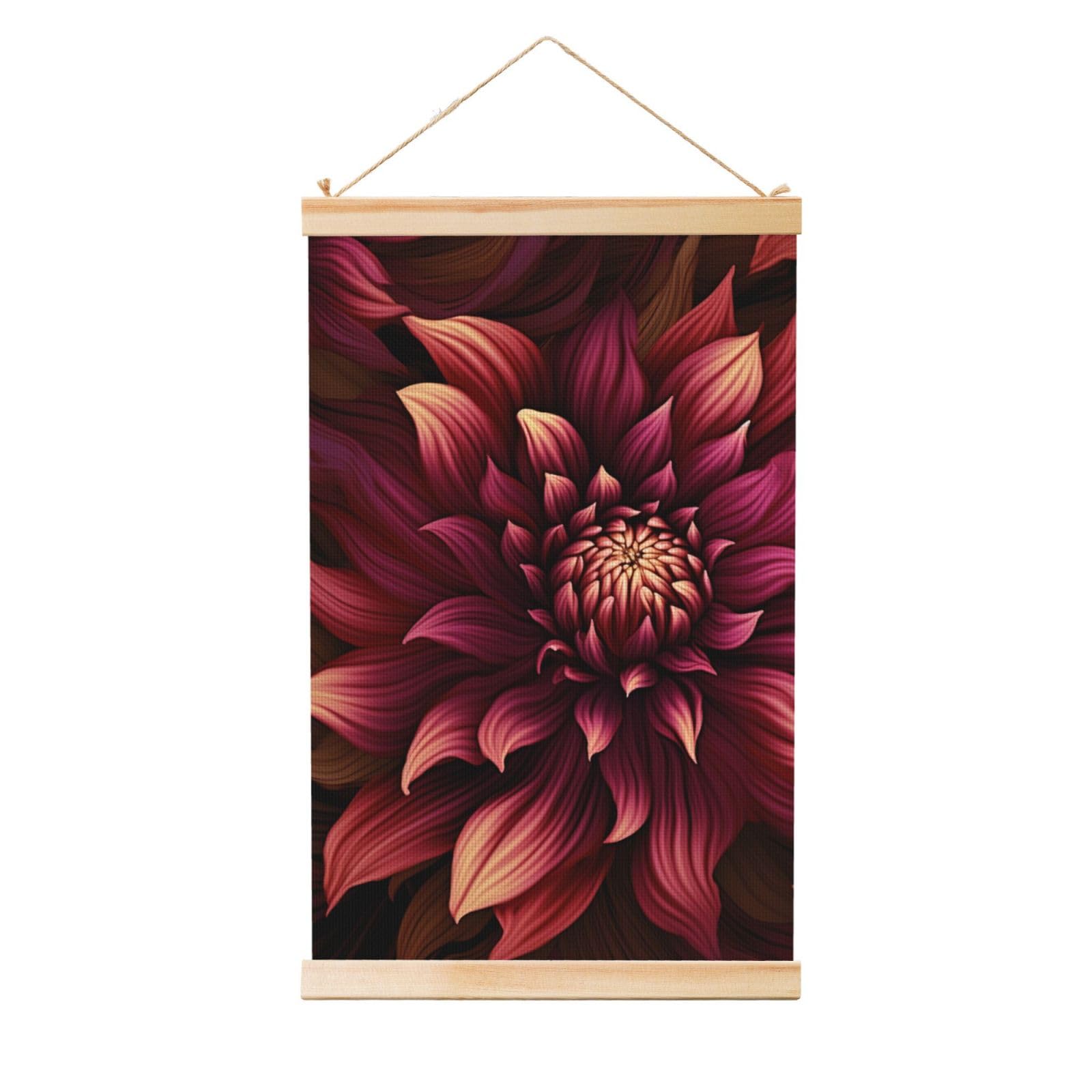 Wine Red Artistic Flower Poster Wooden Shaft Hanging Poster Wall Hanging Banner Canvas Artwork with Wood Frames 16"x24" Modern Artwork Decor Ready to Hang Wall Art for Home Decor Scroll Painting