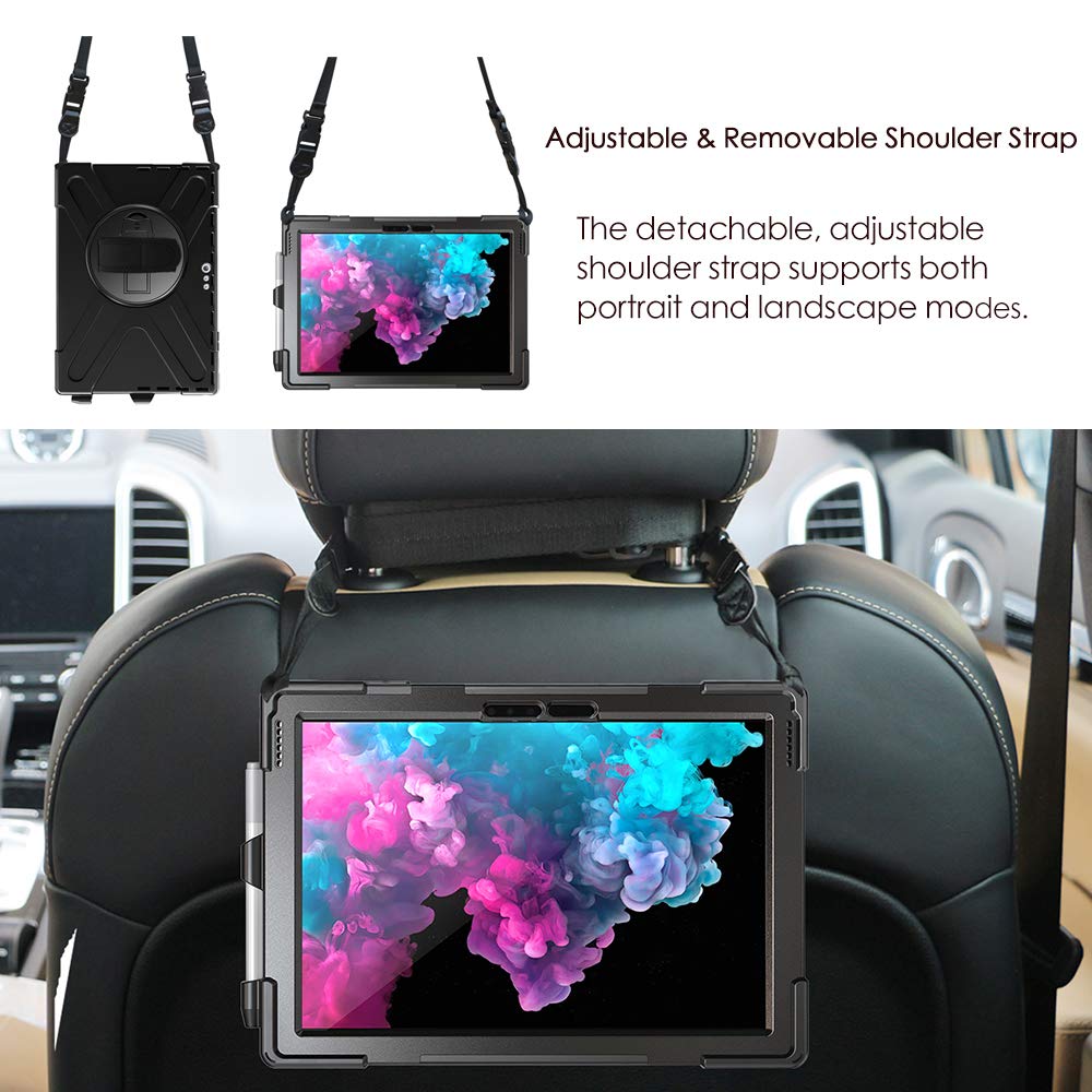 DreamerX For Microsoft Surface Pro 7 Plus/7/6/5/4 Case 12.3" Case, Kids-Friendly Shockproof Rugged Business Cover Rotating Stand Hand Strap Pencil Holder, Compatible With Type Cover Keyboard, Black - View #3