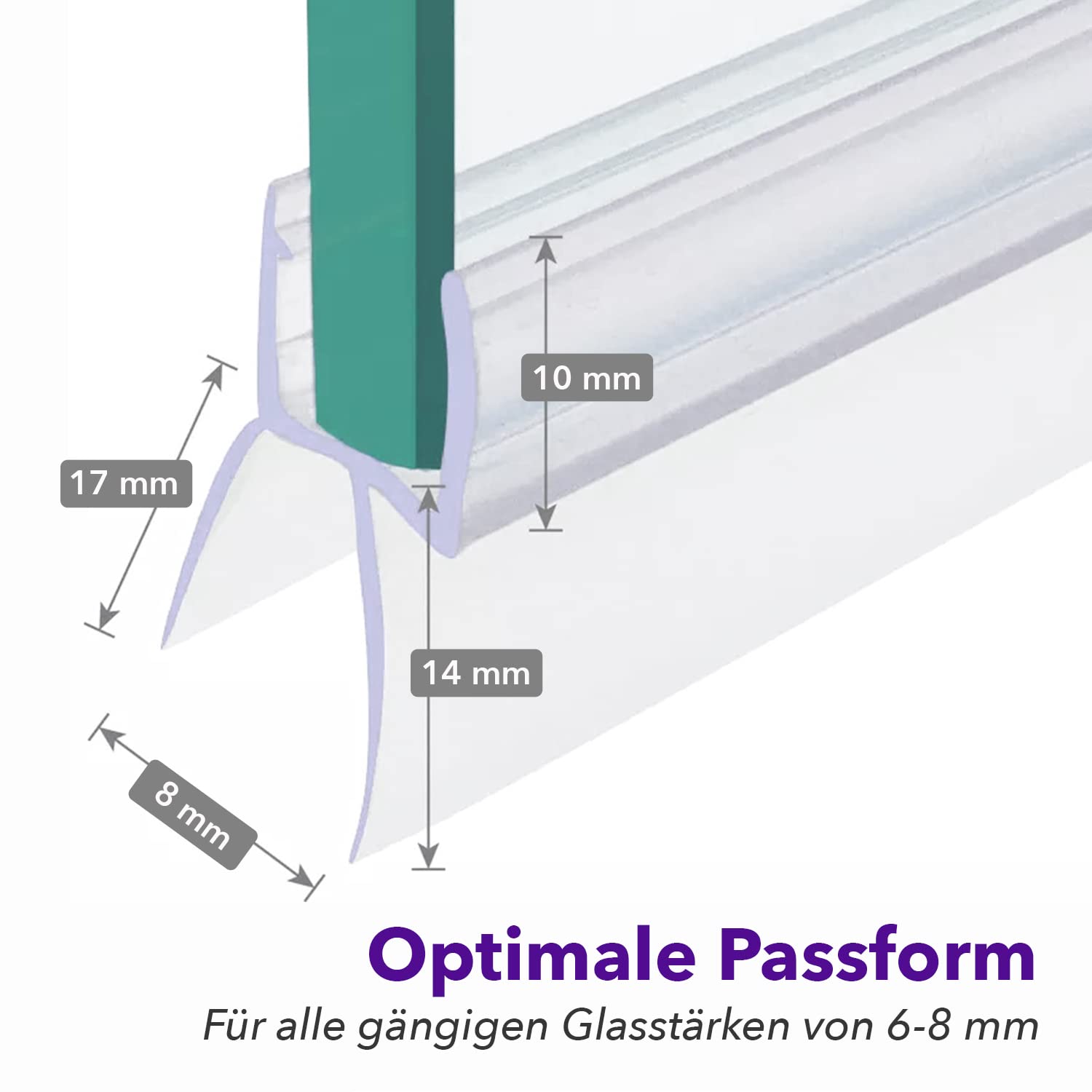 Junta para puerta de ducha premium 8 x 100 cm – con labios de goma alargados para suelo seco en el baño – Junta de cristal para puerta de ducha de 6 mm, 7 mm, 8 mm de grosor de cristal – Barra de