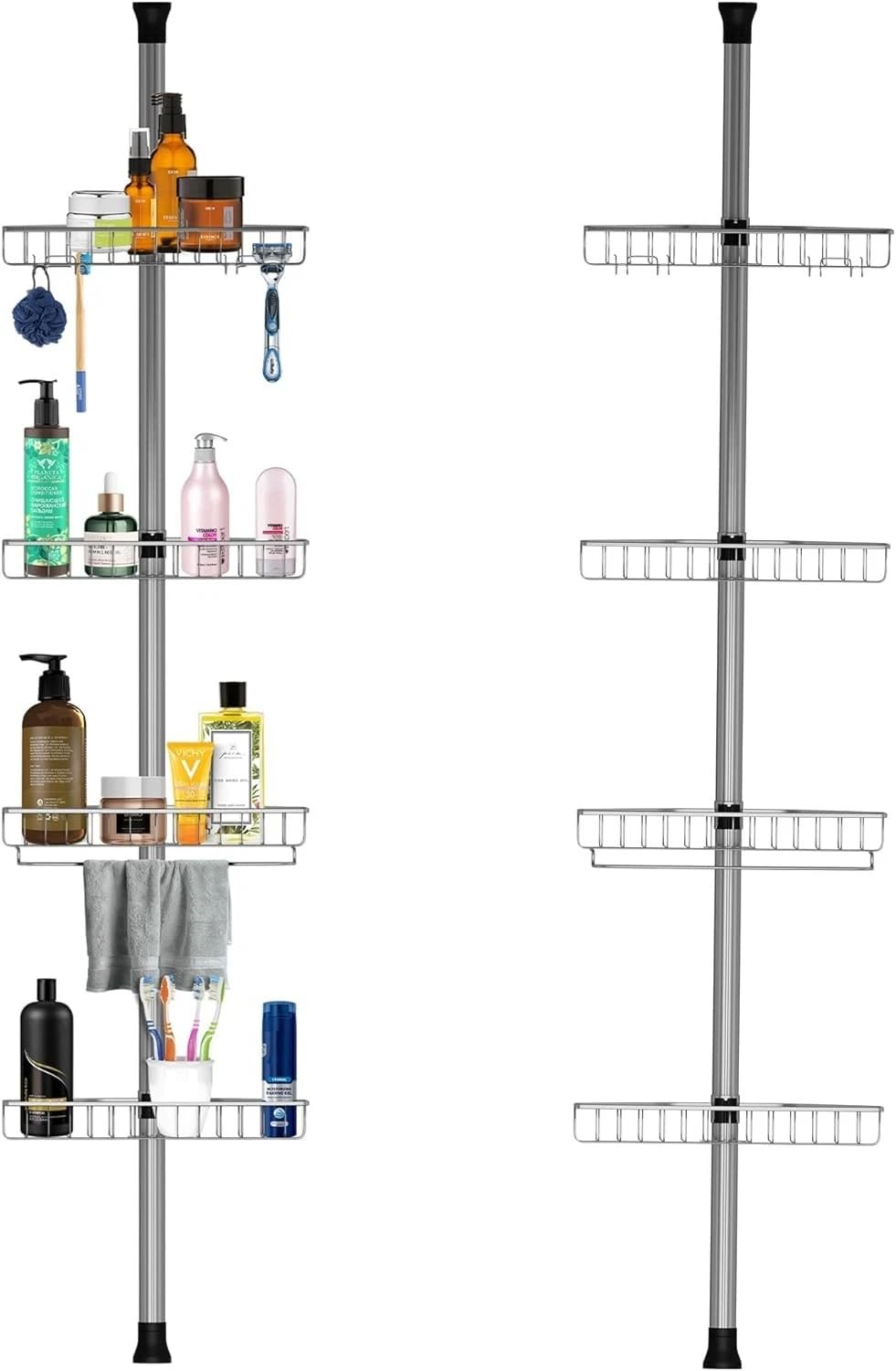 Home Flair Grey / Silver Shower Caddy Non Rust | Bathroom Storage | 4 Tier Bathroom Corner Shelves | Adjustable Easy To Install No Drill Telescopic Shower Storage