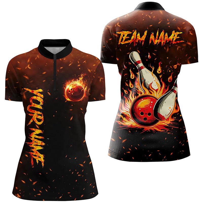Flame Bowling-Trikots für Herren & Damen, Individuelles Bowling-Polo, Viertelreißverschluss-Shirt für das Team, Geschenk für Bowler N7601