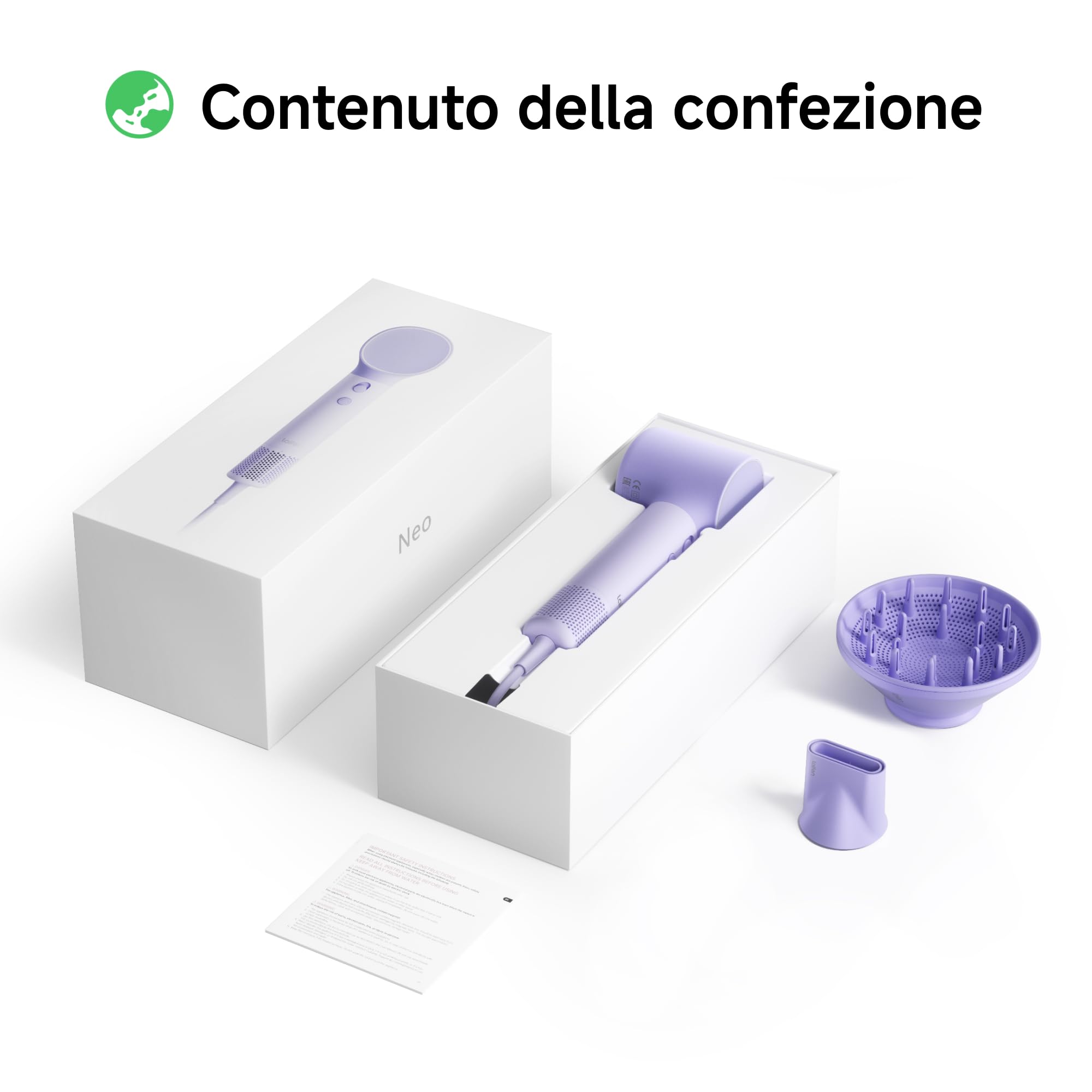 Laifen Neo Asciugacapelli ad Alta Velocità Con Motore Brushless da 110.000 Giri/Min, 200 Milioni di Ioni Negativi, Controllo Intelligente della Temperatura, 2 Ugelli Magnetici(Viola)