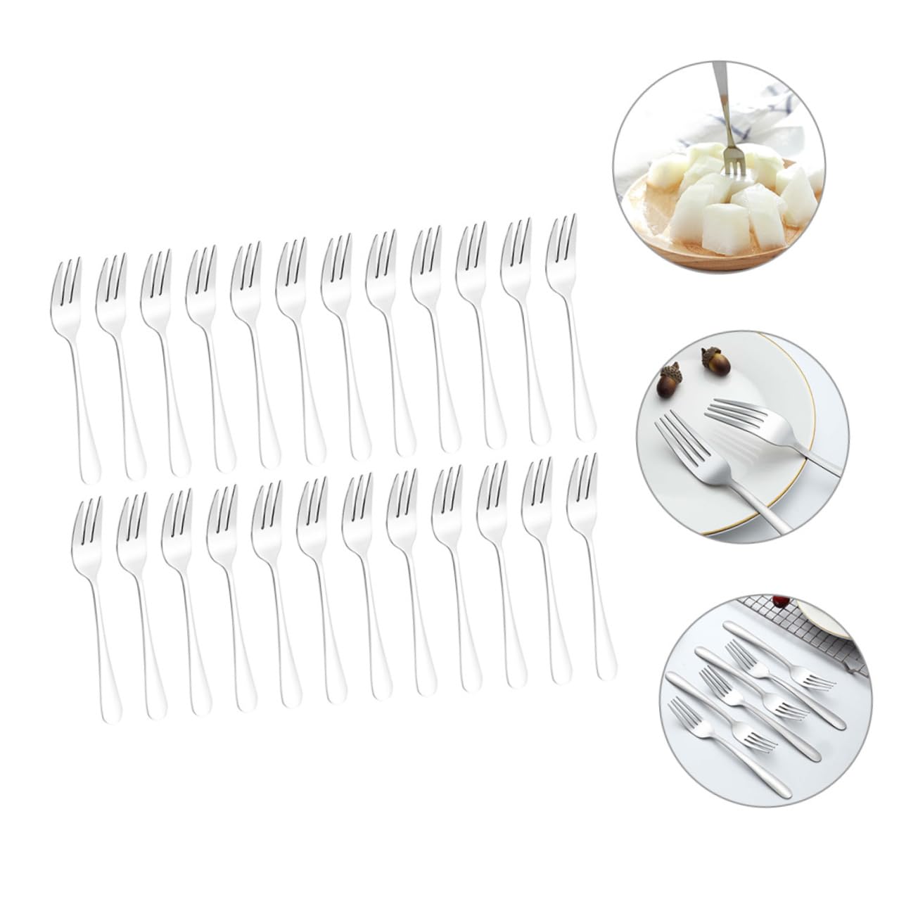 Tenedor de Postre de Acero Inoxidable, 24 Piezas, Plata | Juego Versátil y Cómodo, Formato Pequeño Portátil, Adecuado para Fruta y Mesa