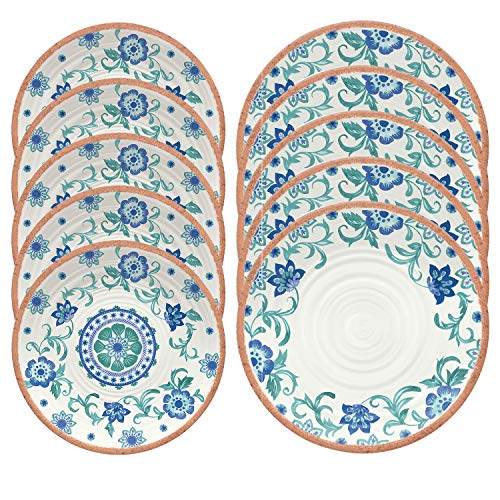 Auntie Morags Turquoise Floral Outdoor/Camping/BBQ - Plastic/Melamine 4 Piece Dinner & Side Plates (10)