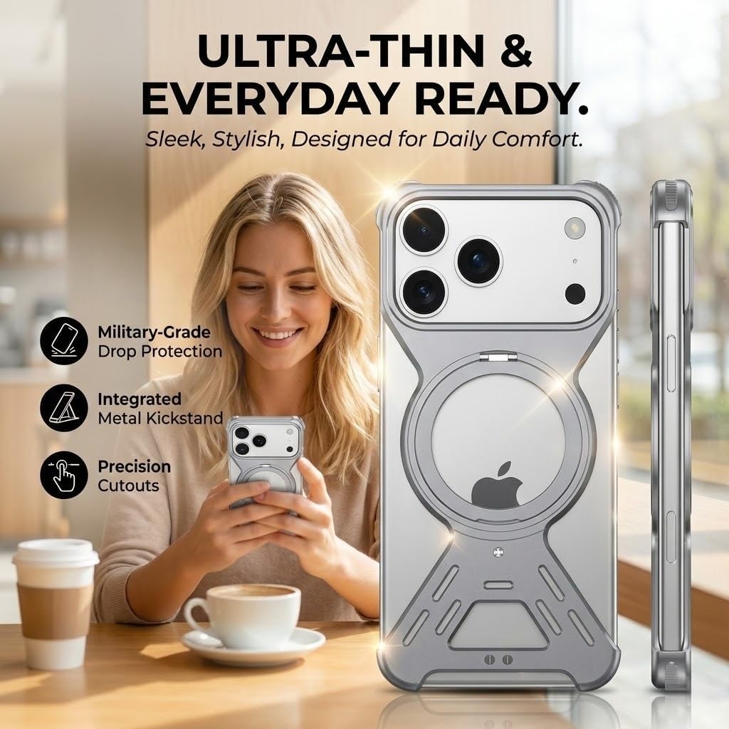 Frameless Aluminum Cooling Case for iPhone 17 Pro Max/17 Pro/17 Air/17 [Compatible with MagSafe] Magnetic Rotating Ring Stand, Open-Back Aluminum Frame, Slim Shock-Resistant Bumper(Gray,17 Pro)