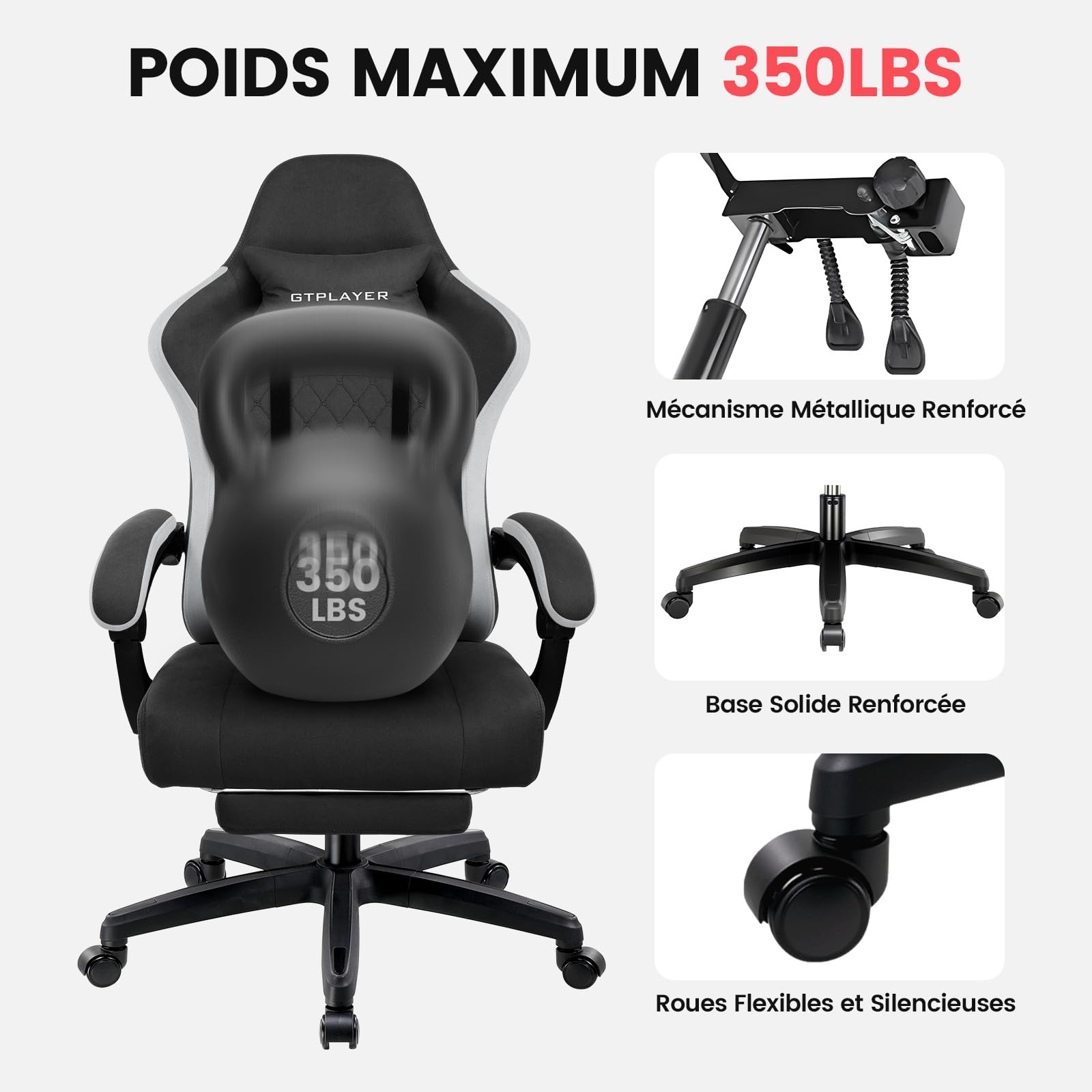 GTPLAYER Chaise Gaming Bureau Ergonomique Fauteuil Gaming Leathaire, accoudoir inclinable, avec Repose-Pieds, Supporte 150 kg, Noir-Blanc