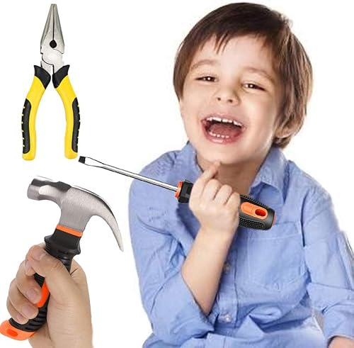 Miniatura 8 de Juego de herramientas reales para niños, 22 piezas, juego de herramientas para niños con carpintería, juego de herramientas de construcción para