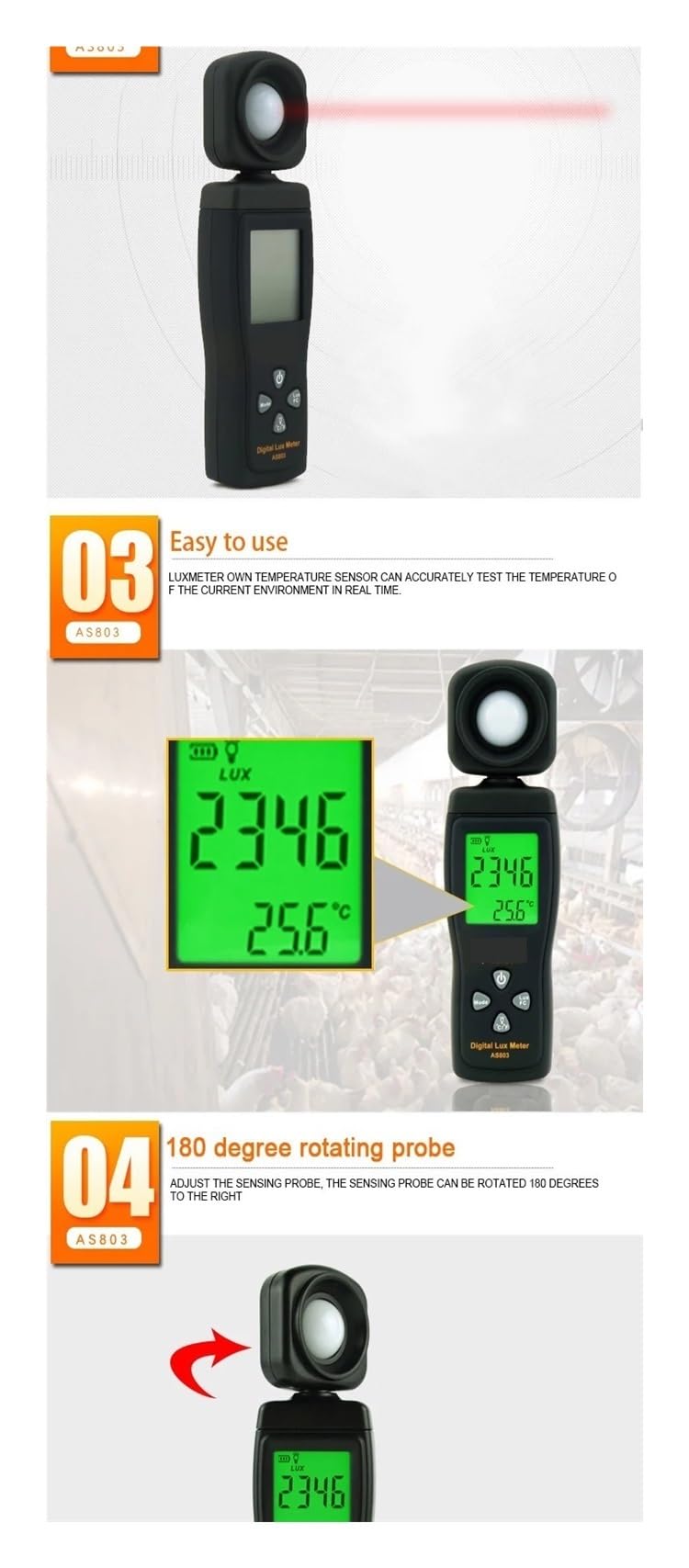 Misuratore digitale UVA/UVB AS803 Luxmetro digitale Tester di luminanza, misuratore di luce 1-200000 Lux Strumenti Fotometro Spettrometro Attinometro LCD retroilluminato, funzione di memoria