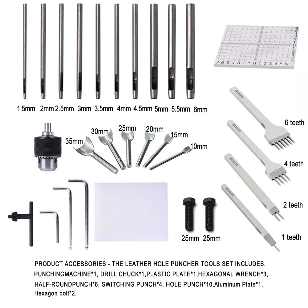 Leder Locher Werkzeug Guilopoer Lochmaschine mit Aluminiumplatte Set 4 Zinken + 10 Lochstanzern, PP-Plakette für Lederdruckmaschinen Stanzen Zinken Stempeln Punche,DIY Maschine zum Lochen von Leder