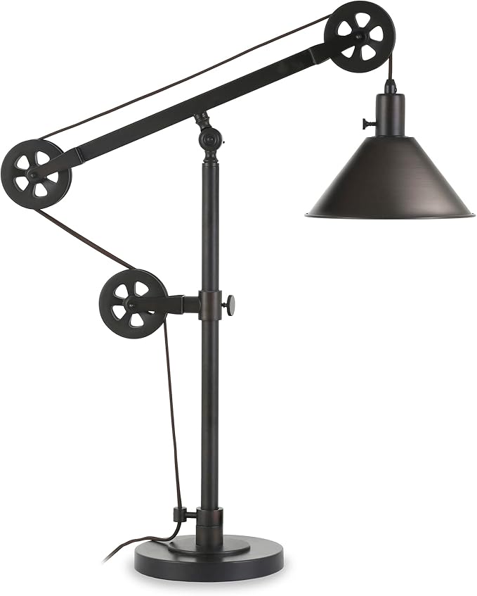 Henn&Hart 29'' Mid-Century Modern Pully System 1-Light Table Lamp with 8'' Blackened Bronze Metal Cone Shade for Living Room, Bedroom, or Office, Blackened Bronze