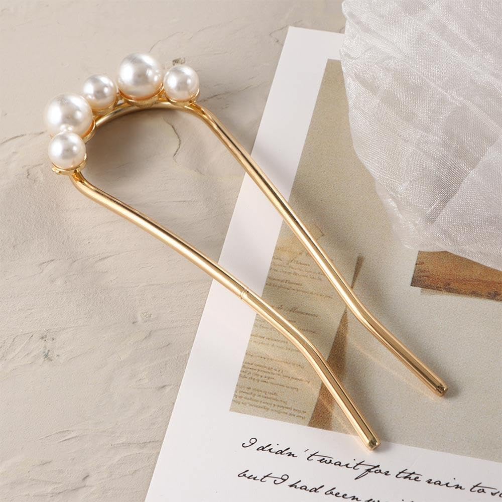 2 PCS Minimalist Pearl U Shape Hairpin Metal Silver Hair Fork Stick Updo Hair Sticks Clip French Pearl Hair Pin Decorative Hair Accessories for Women and Girl Headdress 4