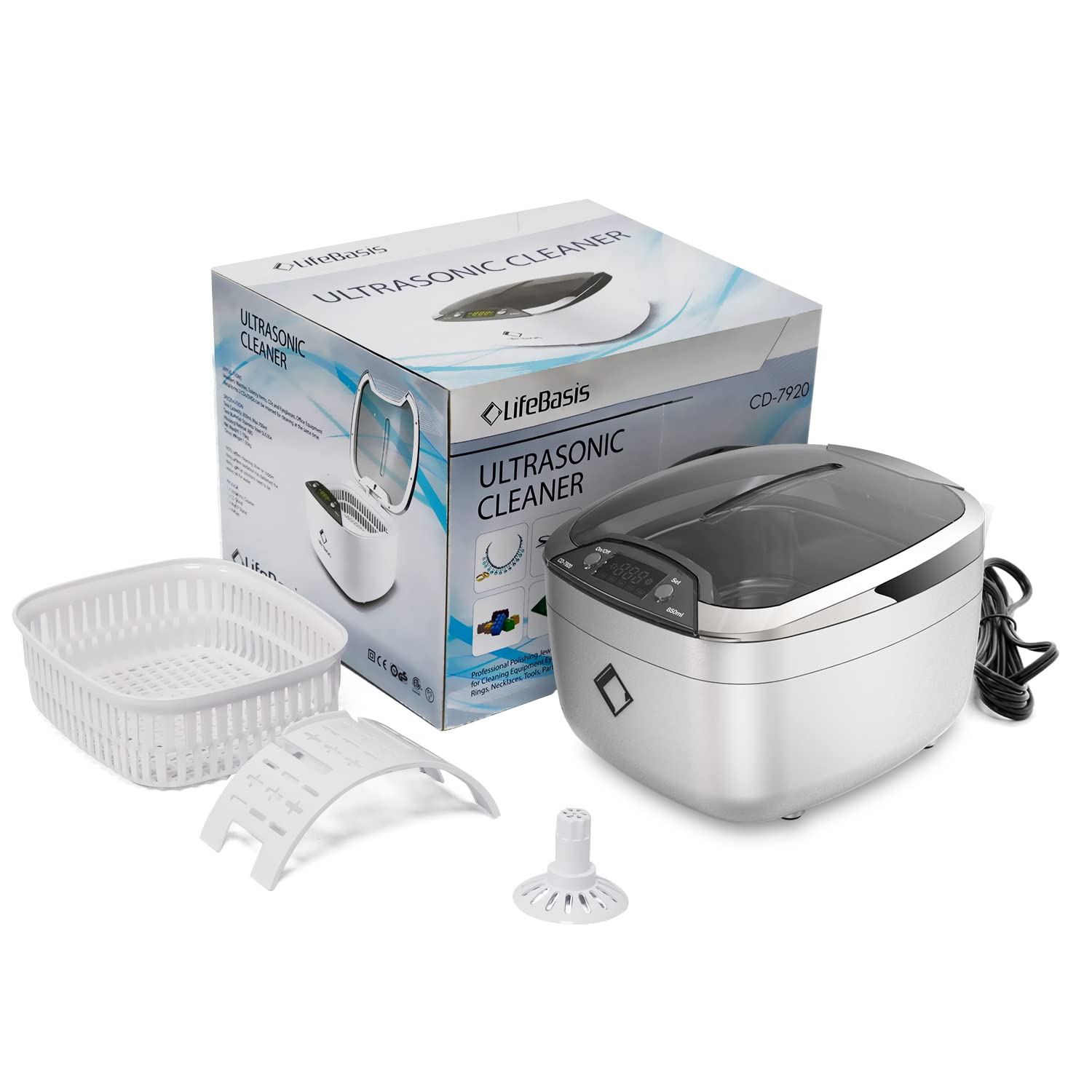 LifeBasis Dispositivo de limpieza por ultrasonidos, dispositivo ultrasónico de 850 ml, dispositivo digital con iluminación LED, limpieza de aparatos ortopédicos, baño ultrasónico para gafas, CD, DVD,