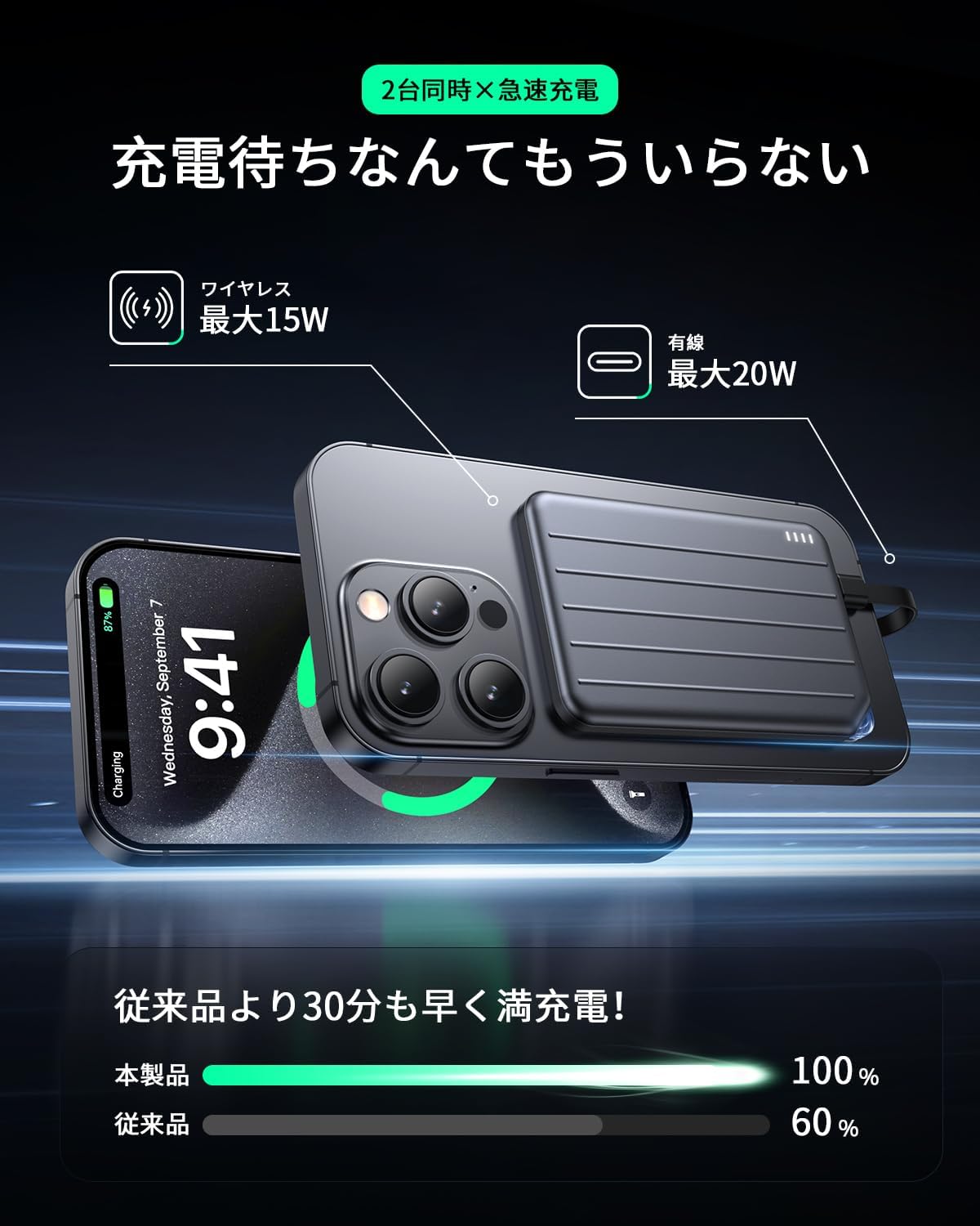 Amazon | モバイルバッテリー MagSafe対応 超薄型 8mm 軽量 小型