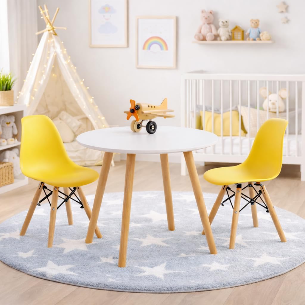 Kids Table and Chair Set, Yellow Toddler Table and Chair Set, Round Kids Desk and Chairs (Table and 2 Yellow Chairs)