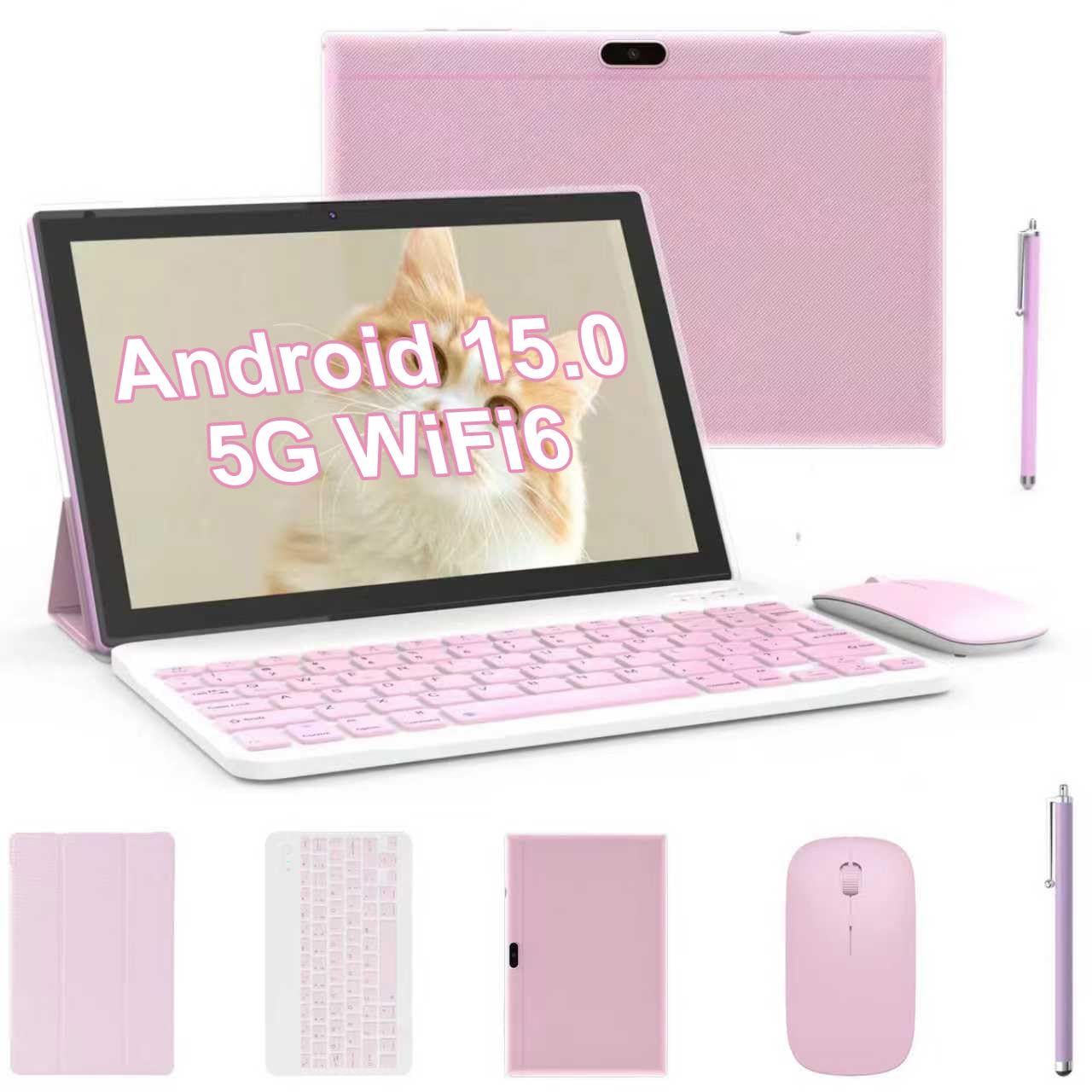 Tablet 2 in 1 Tablets 10 inch Android 15 Tablet Set with Keyboard Case Mouse Stylus Pen, 8GB+32GB Tablets 10.1" HD Touch Screen Tab, 2MP+8MP Dual