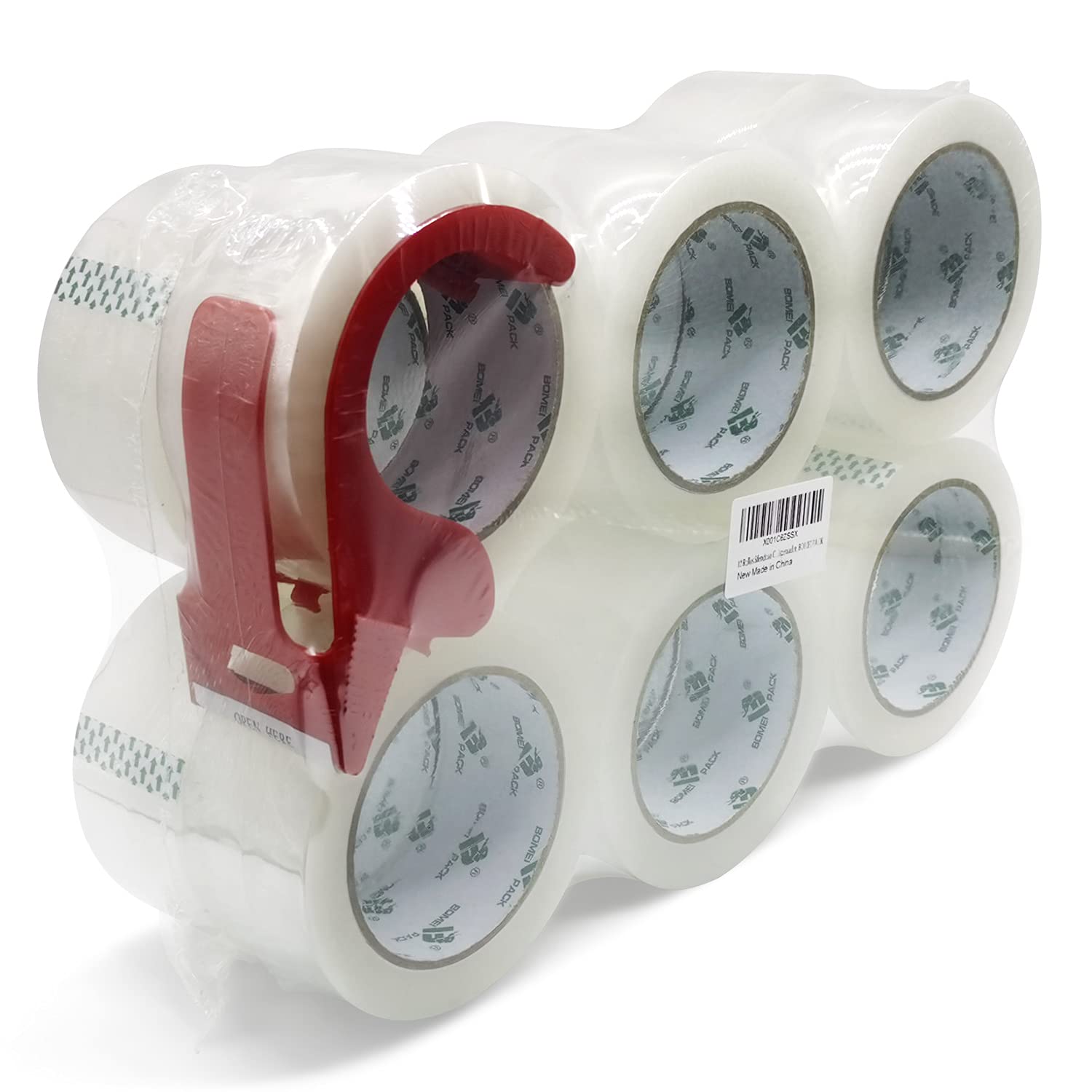 BOMEI PACK 12 Rollos Silencioso Cinta Embalar Adhesiva 48MMx 66M, para Cajas y Paquetes, 60micron Silencioso Cinta Adhesiva con dispensador