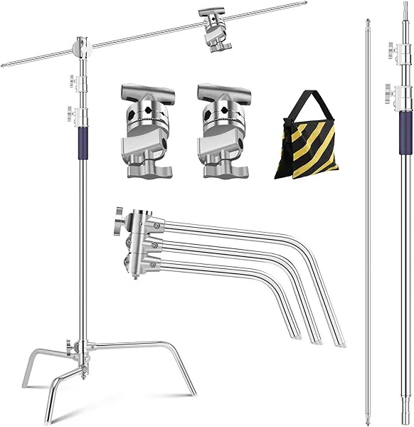 K&F CONCEPT Heavy Duty C Stand 10.8ft/330cm with Holding Arm Sandbag, 2*Grip Head Stainless Steel Photography Light Stand C-Stand Sturdy for Studio Monolight, Softbox, Reflector