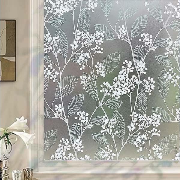 Image of Window Privacy Decorative Stained Glass Window Decal Tint Film, Adhesive Static Cling Sun Stickers, Door Window Covering For Home (24In' X 7Ft', Blue Cherry Leaf)
