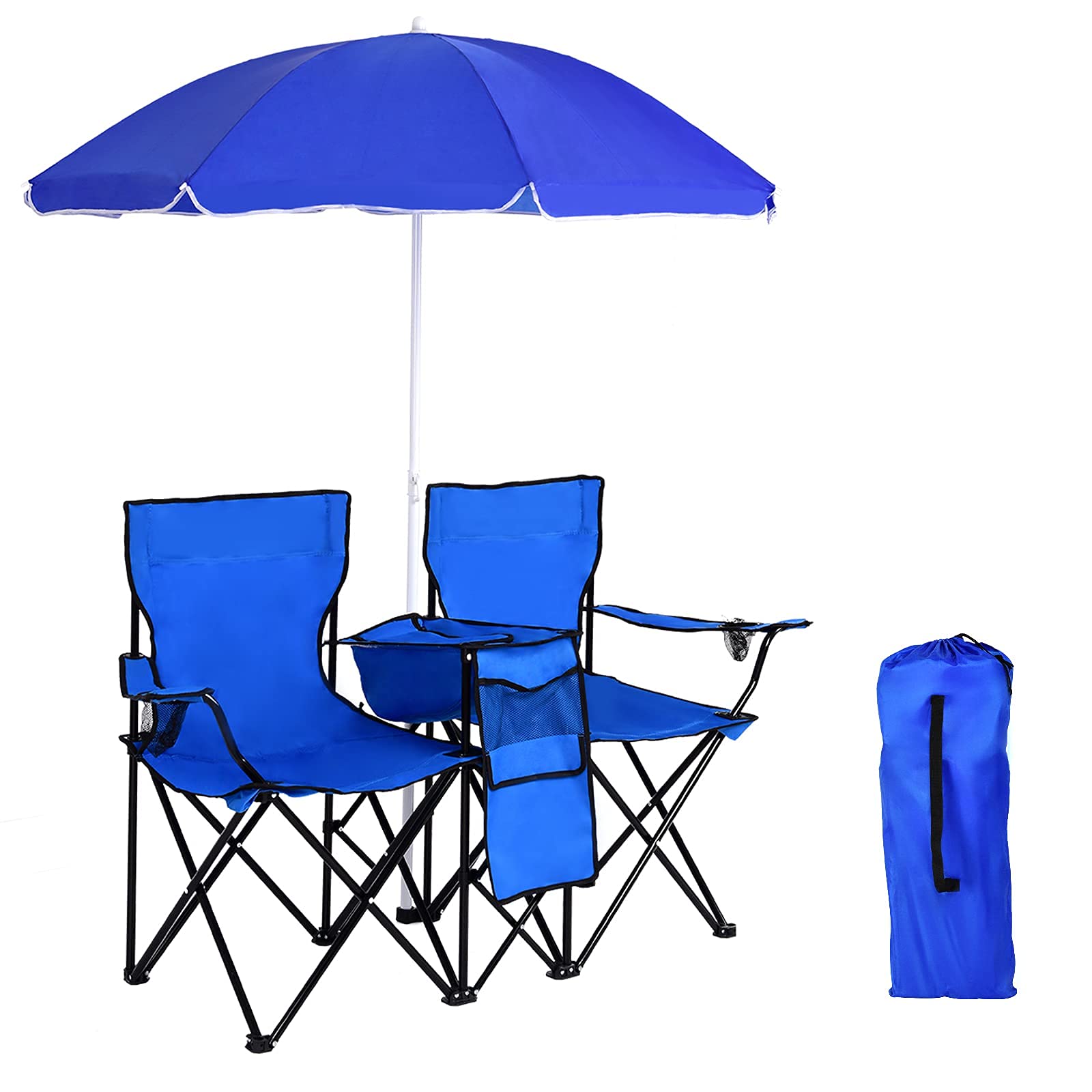 GYMAX Sedia da Campeggio Pieghevole per 2 Persone con Ombrellone, Poltrona da Campeggio con Tasche, Portabicchieri e Borsa da Trasporto, Ideale per Spiaggia, Pesca, Barbecue, Picnic (Blu)