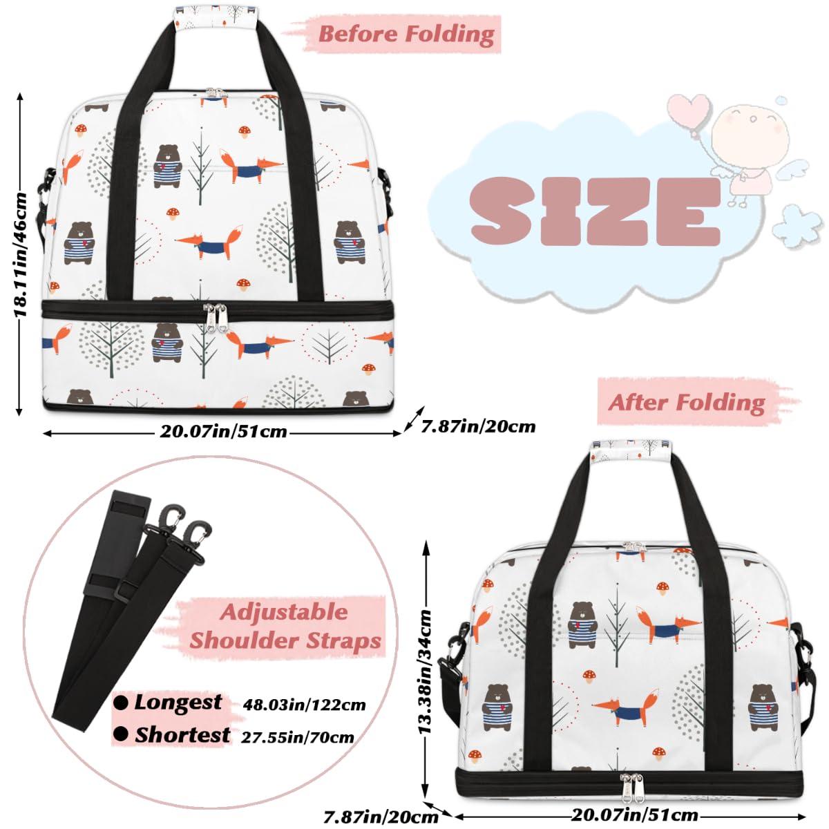 Fox Bear Forest - Borsone da viaggio pieghevole, 47 l, con maniche a trolley, borsa a tracolla separata bagnata per sport, palestra, viaggi, Multi, 47L, Borsone da viaggio