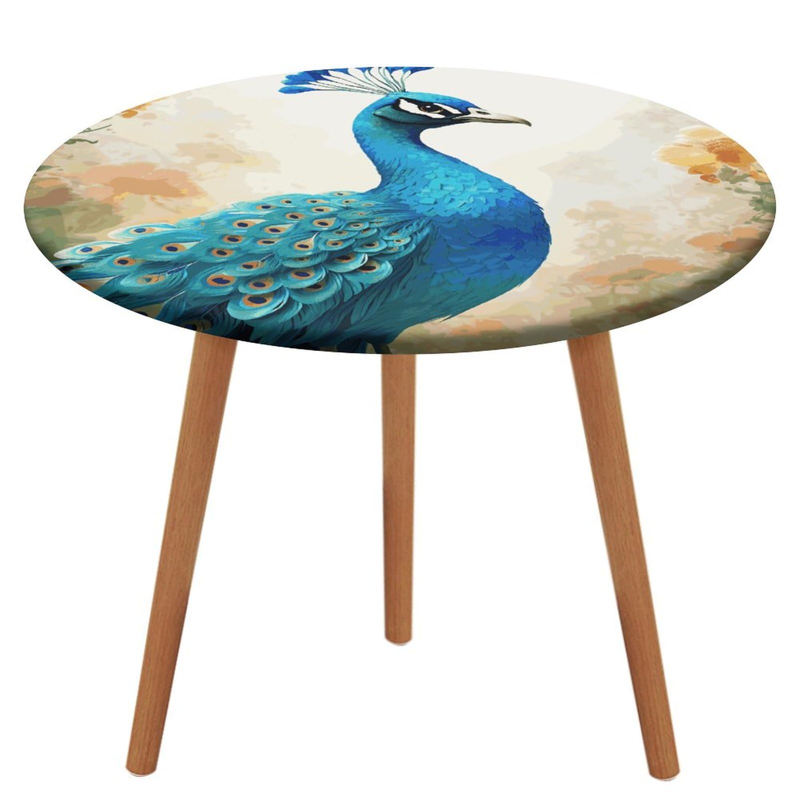 Nappe ronde élastique nappe imperméable lavable motif paon bleu dessin animé pour terrasse