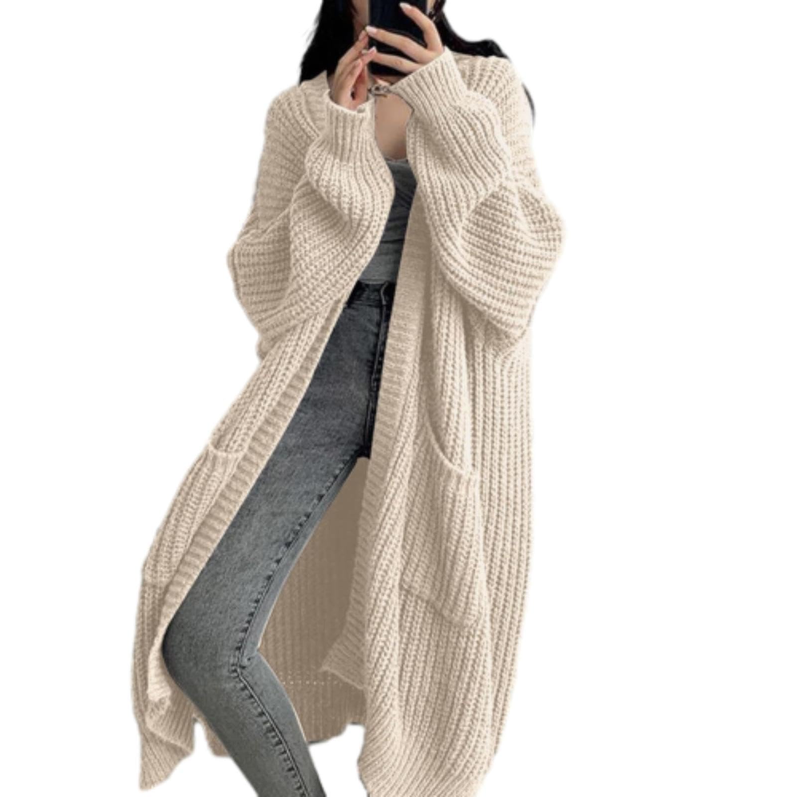Womens Long Cable Knit Cardigan Sweater Open Front Chunky Knit Maxi Coat with Pockets Oversized Warm Fall Winter